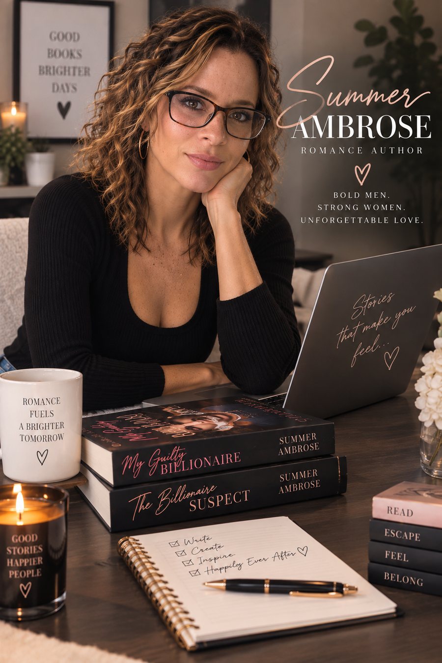 Summer Ambrose, contemporary romance author, at her writing desk by candlelight surrounded by her novels